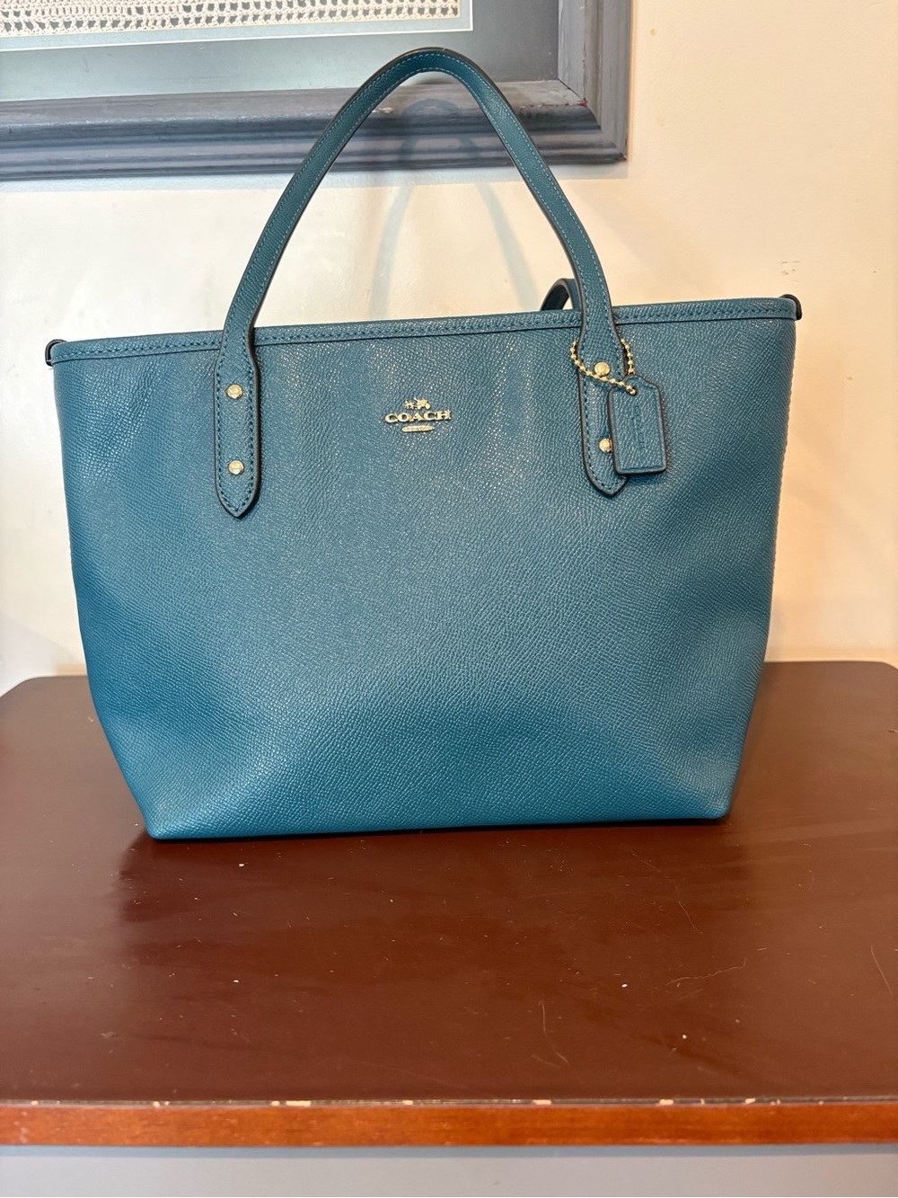 Coach Dark Teal Leather City Zip Tote Purse Gold Hardware Luxury Shoulder Bag